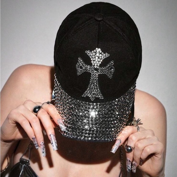 Goth Punk Grunge Rhinestone Cross Bling Hat 🖤 - Picture 2 of 2